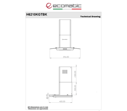 شفاط مطبخ إيكوماتيك مدمج 60 سم بتصميم منحني أسود كريستالي بقوة شفط 1000 م³/الساعة - H6210KGTBK