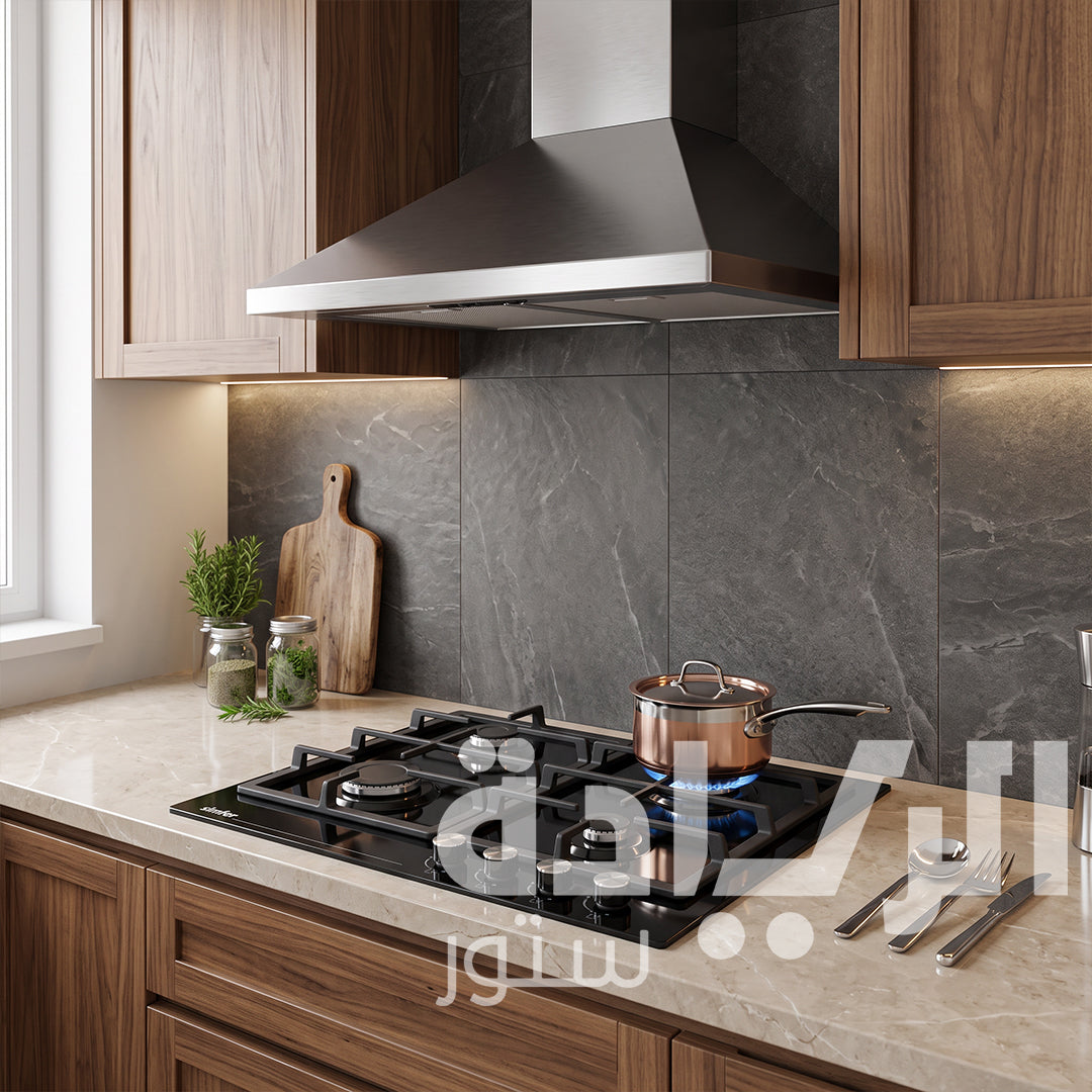مسطح سيمفر بلت إن غاز 60 سم زجاج أسود، 4 شعلة ساباف، أمان كامل - تركي - H6401HGSSP