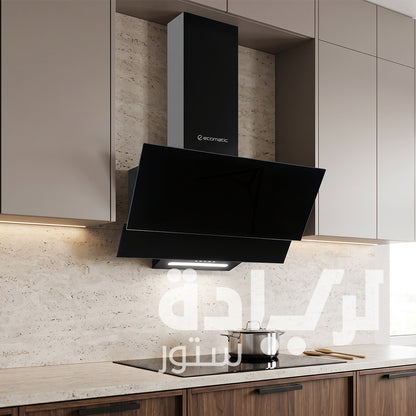 Ecomatic 60cm Angled Decorative Cooker Hood – Black Crystal Glass – 650 m³/h Suction Power – Model H66MRB