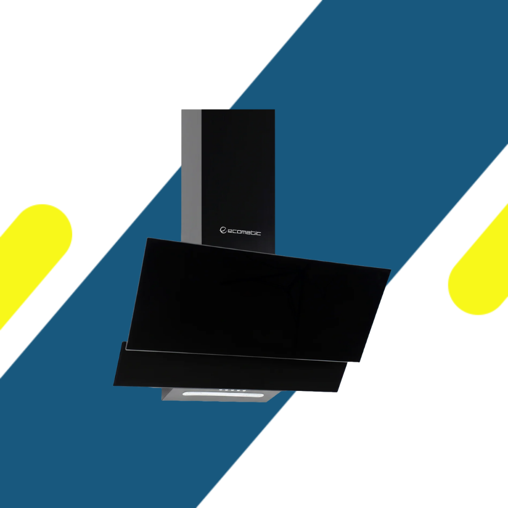 شفاط مطبخ إيكوماتيك (Ecomatic) ديكوري مائل 60 سم زجاج كريستال أسود قوة 650 م³/ساعة – موديل H66MRB