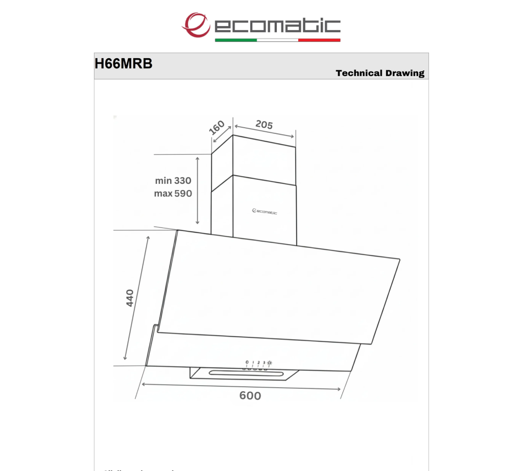 شفاط مطبخ إيكوماتيك (Ecomatic) ديكوري مائل 60 سم زجاج كريستال أسود قوة 650 م³/ساعة – موديل H66MRB