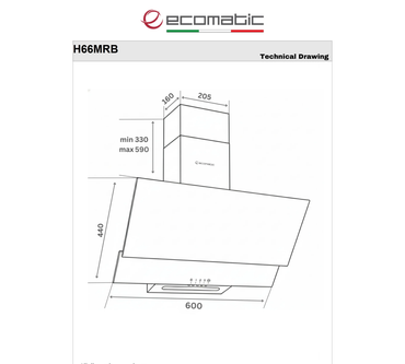 شفاط مطبخ إيكوماتيك (Ecomatic) ديكوري مائل 60 سم زجاج كريستال أسود قوة 650 م³/ساعة – موديل H66MRB