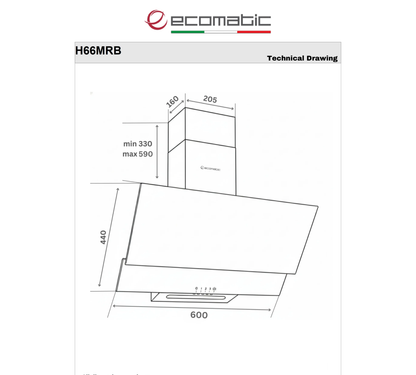 شفاط مطبخ إيكوماتيك (Ecomatic) ديكوري مائل 60 سم زجاج كريستال أسود قوة 650 م³/ساعة – موديل H66MRB
