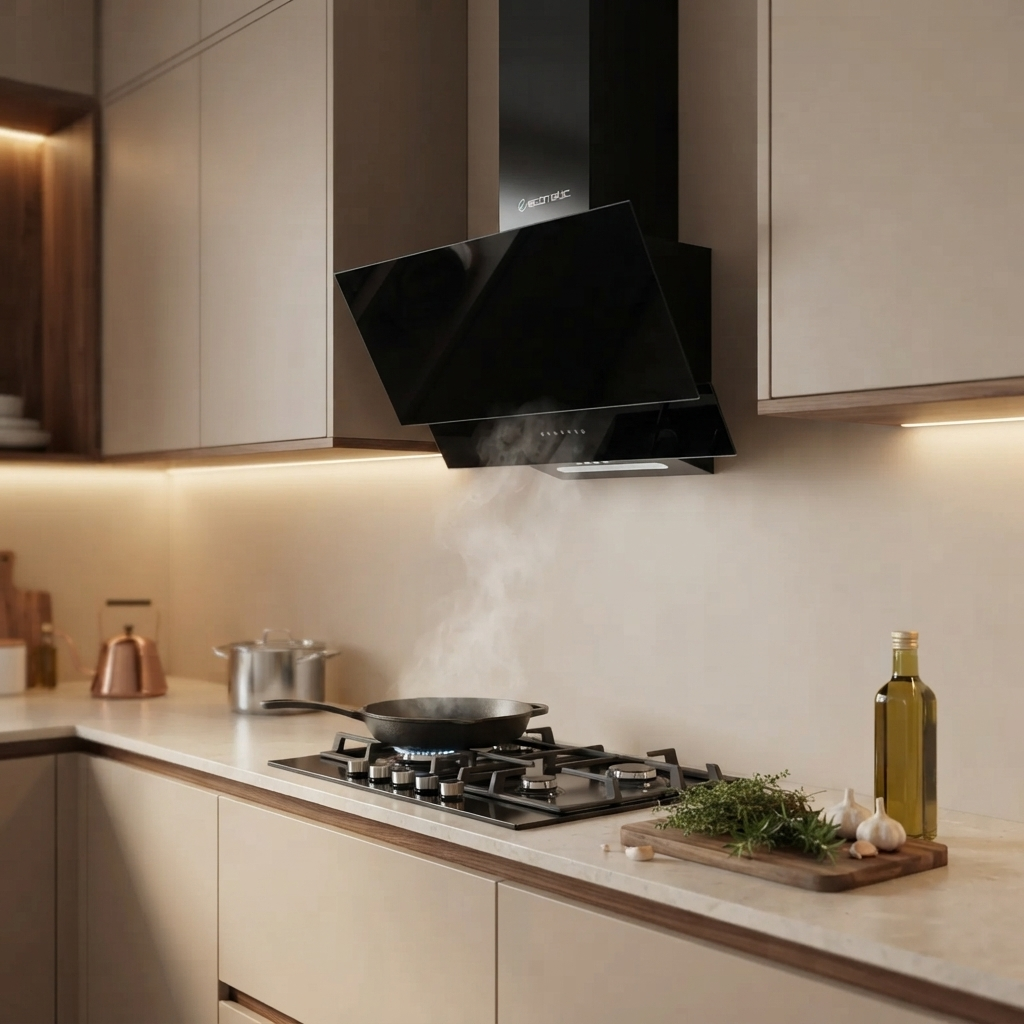 شفاط مطبخ إيكوماتيك (Ecomatic) ديكوري مائل 60 سم زجاج كريستال أسود قوة 1000 م³/ساعة – موديل H610MRB