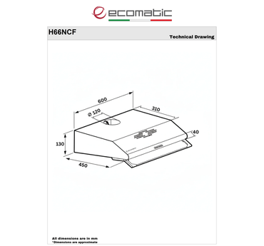 شفاط مطبخ إيكوماتيك 60 سم فلات ستانلس ستيل – 2 موتور – قوة شفط 650 م³/س – 3 سرعات – موديل - H66NCF
