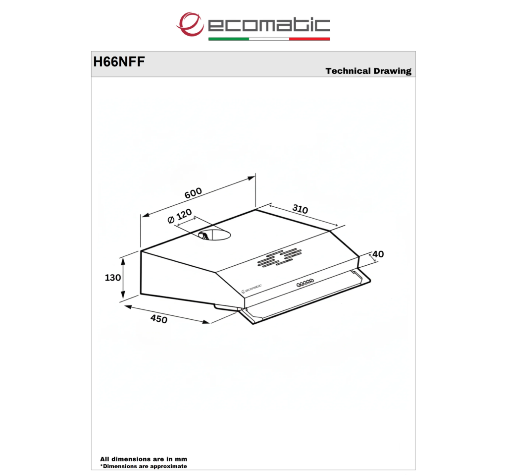 شفاط مطبخ إيكوماتيك 60 سم فلات استانلس ستيل – 2 موتور – 3 سرعات – قوة شفط 650 م³/س – موديل - H66NFF