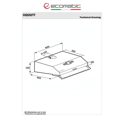شفاط مطبخ إيكوماتيك 60 سم فلات استانلس ستيل – 2 موتور – 3 سرعات – قوة شفط 650 م³/س – موديل - H66NFF