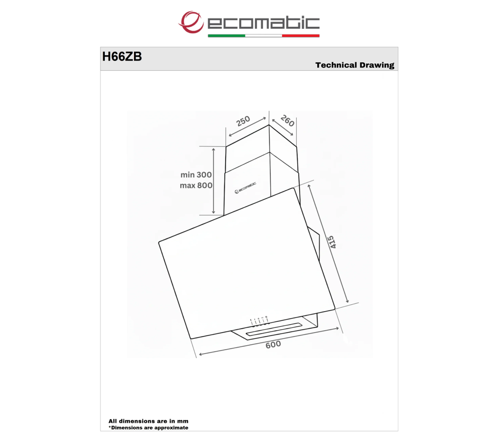 شفاط إيكوماتيك ديكوري مدمج 60 سم كريستال أسود ستانلس ستيل بقوة شفط 650 م³/ساعة موديل H66ZB