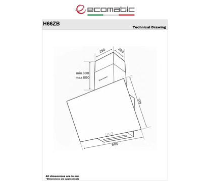 شفاط إيكوماتيك ديكوري مدمج 60 سم كريستال أسود ستانلس ستيل بقوة شفط 650 م³/ساعة موديل H66ZB