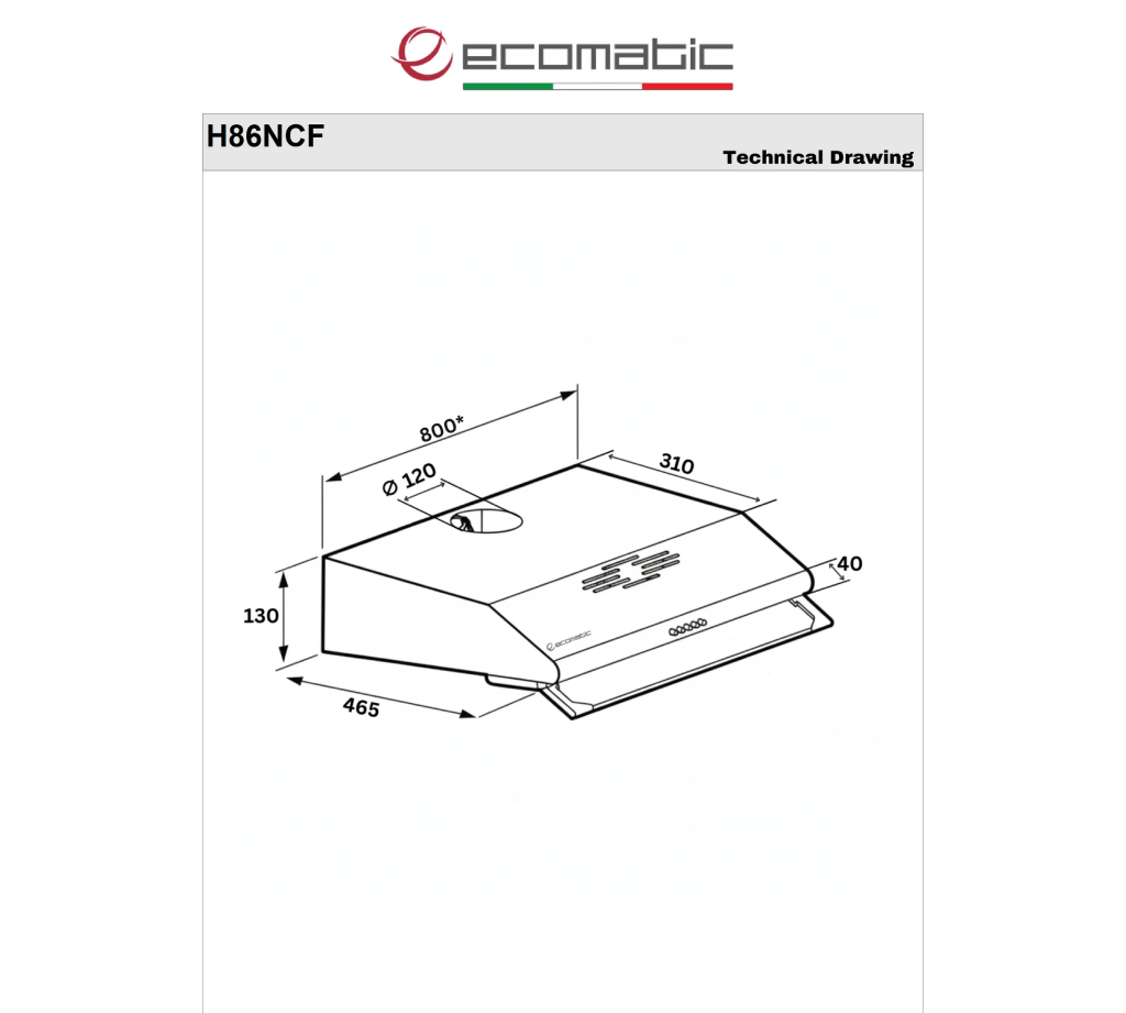 شفاط مطبخ إيكوماتيك (Ecomatic) فلات 80 سم استانلس ستيل 2 موتور قوة 650 م³/ساعة – موديل H86NCF