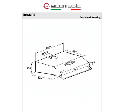 شفاط مطبخ إيكوماتيك (Ecomatic) فلات 80 سم استانلس ستيل 2 موتور قوة 650 م³/ساعة – موديل H86NCF