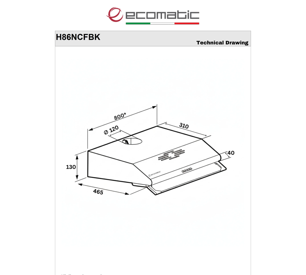 شفاط مطبخ إيكوماتيك (Ecomatic) فلات أسود 80 سم 2 موتور قوة 650 م³/ساعة – موديل H86NCFBK