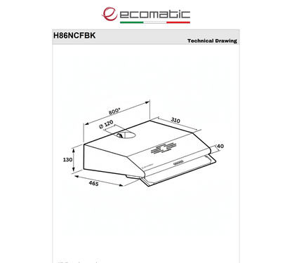 شفاط مطبخ إيكوماتيك (Ecomatic) فلات أسود 80 سم 2 موتور قوة 650 م³/ساعة – موديل H86NCFBK
