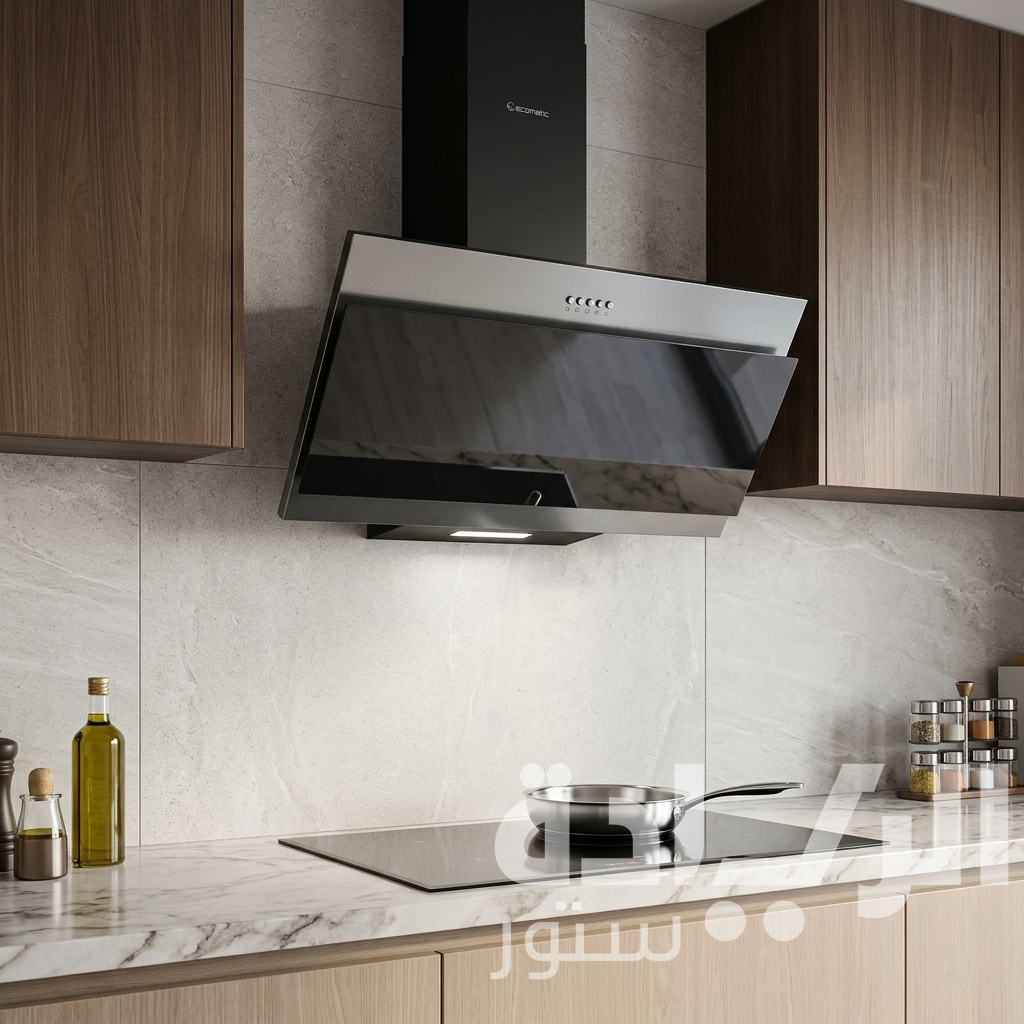 شفاط مطبخ ديكوري مائل إيكوماتيك 90 سم كريستال أسود × ستانلس – قوة شفط 650 م³/ساعة – H9106EBX