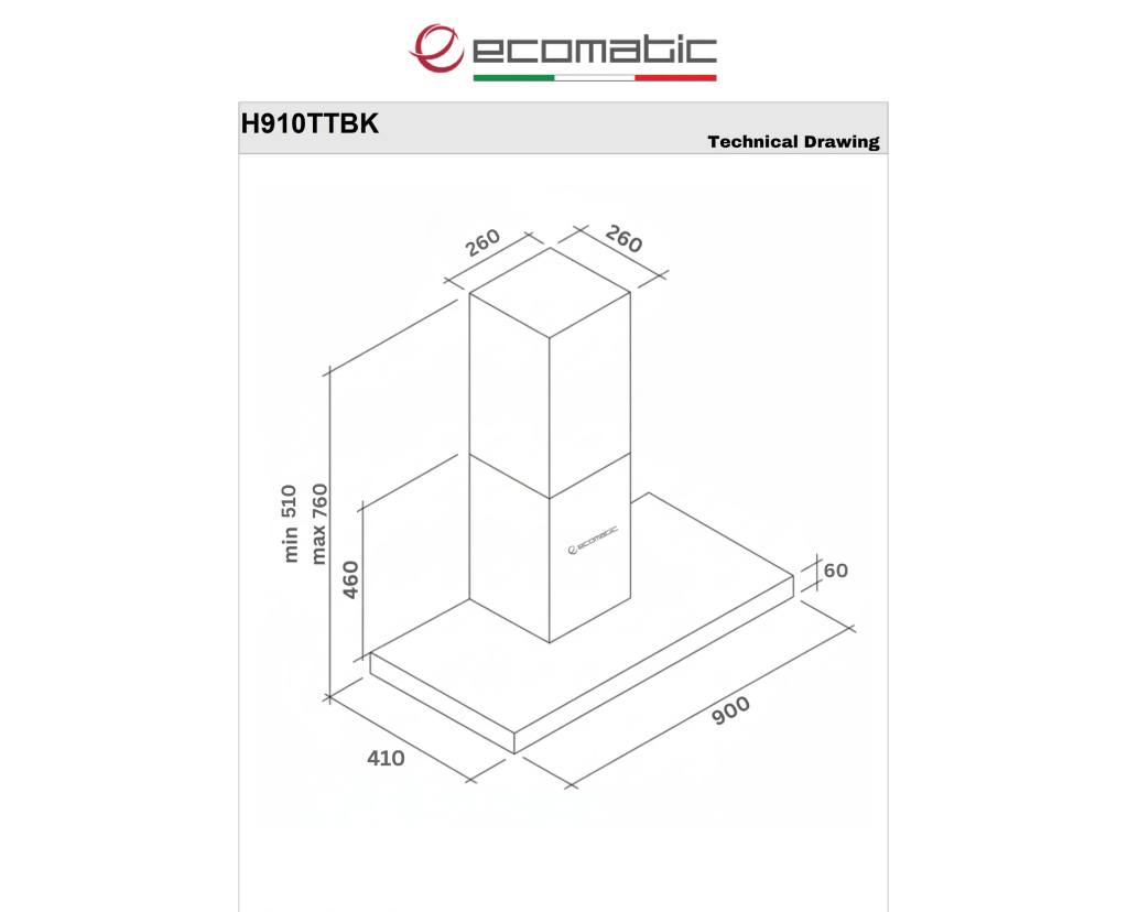 شفاط مطبخ إيكوماتيك (Ecomatic) 90 سم حرف T أسود ملكي قوة 1000 م³/ساعة بتتحكم تاتش وريموت كنترول – موديل H910TTBK