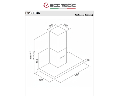 شفاط مطبخ إيكوماتيك (Ecomatic) 90 سم حرف T أسود ملكي قوة 1000 م³/ساعة بتتحكم تاتش وريموت كنترول – موديل H910TTBK