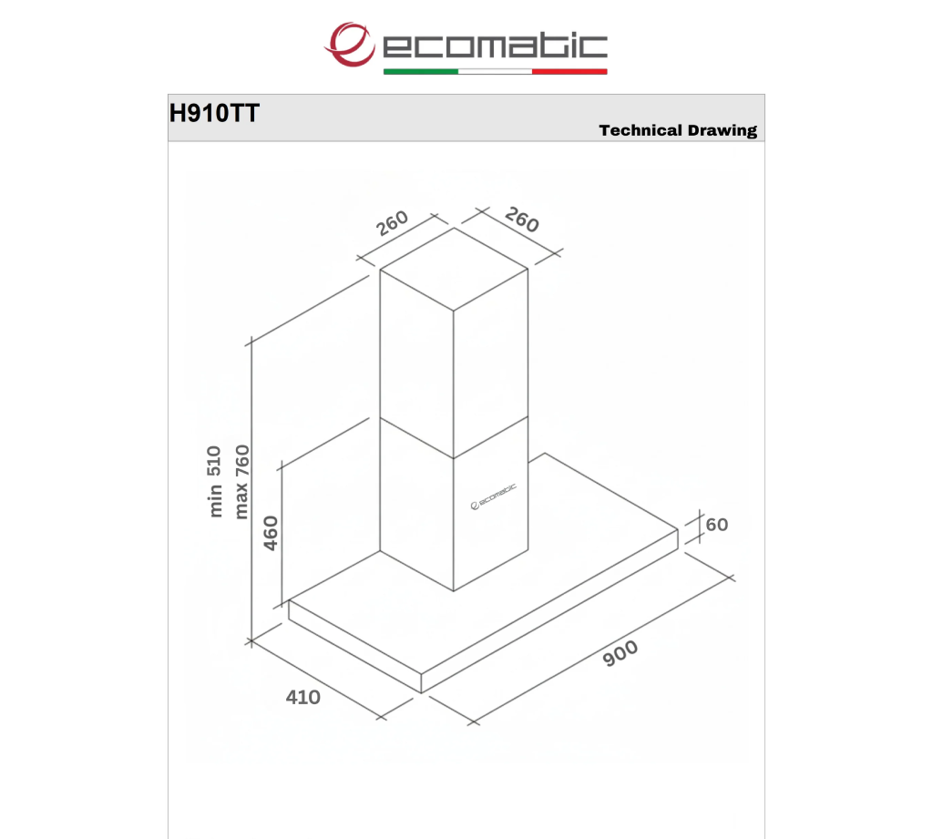 شفاط مطبخ إيكوماتيك (Ecomatic) 90 سم حرف T قوة 1000 م³/ساعة بتحكم تاتش وريموت كنترول – موديل H910TT