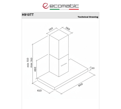 شفاط مطبخ إيكوماتيك (Ecomatic) 90 سم حرف T قوة 1000 م³/ساعة بتحكم تاتش وريموت كنترول – موديل H910TT