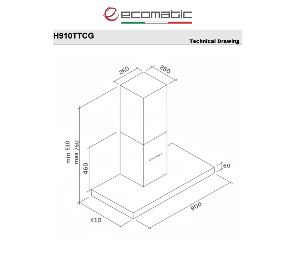 شفاط مطبخ إيكوماتيك (Ecomatic) 90 سم حرف T استانلس ستيل قوة 1000 م³/ساعة بتتحكم تاتش وريموت كنترول – موديل H910TTCG