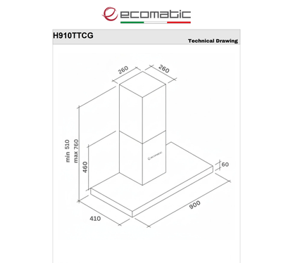 شفاط مطبخ إيكوماتيك (Ecomatic) 90 سم حرف T استانلس ستيل قوة 1000 م³/ساعة بتتحكم تاتش وريموت كنترول – موديل H910TTCG