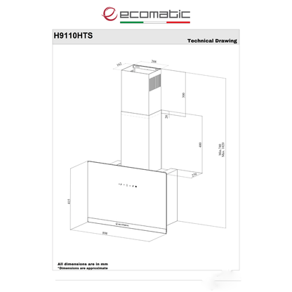 شفاط إيكوماتيك (Ecomatic) 90 سم ديكوري كريستال أسود – H9110HTS – وتحكم بإشارة اليد واللمس والريموت (Gesture Control) وموتور إيطالي