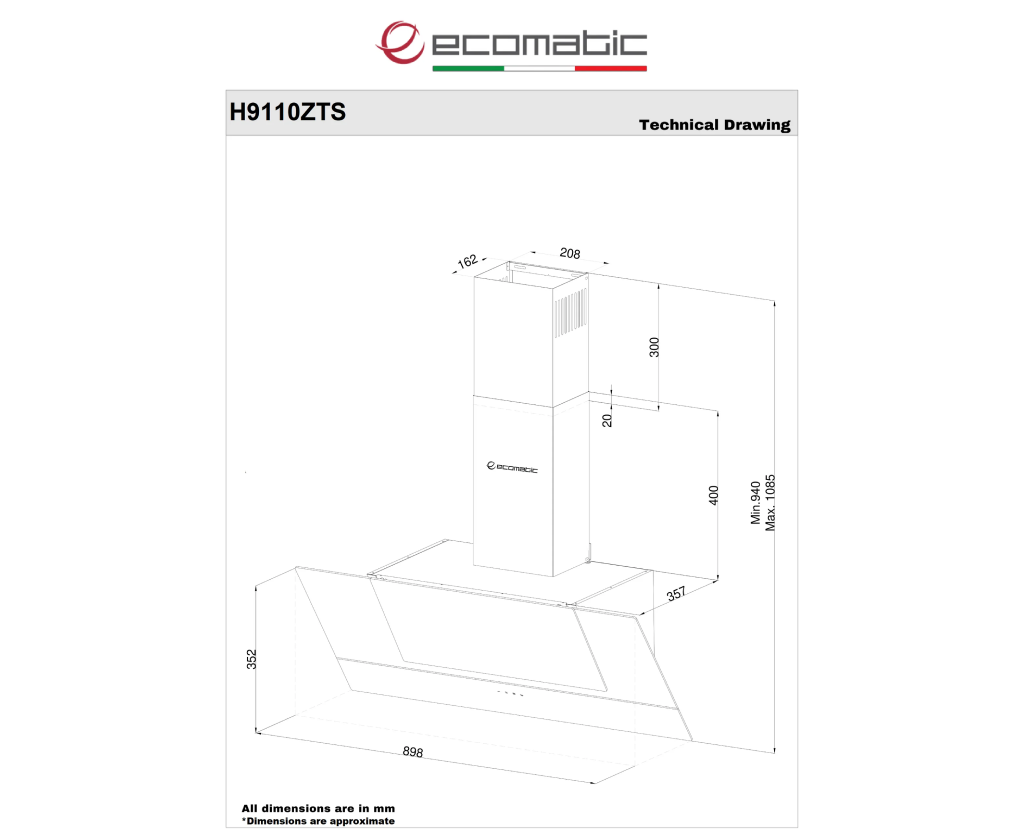 شفاط إيكوماتيك (Ecomatic) 90 سم بقوة شفط 1000 م³/ساعة مائل كريستال أسود – H9110ZTS