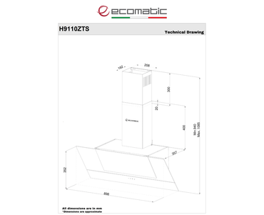 شفاط إيكوماتيك (Ecomatic) 90 سم بقوة شفط 1000 م³/ساعة مائل كريستال أسود – H9110ZTS