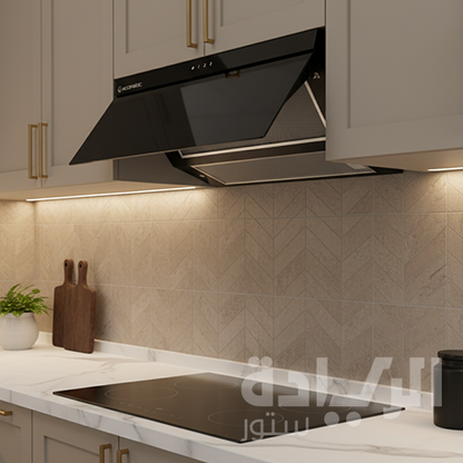 شفاط مطبخ مسطح إيكوماتيك 90 سم – كريستال أسود – قوة شفط 500 م³/ساعة – ريموت كنترول – H9205GLT