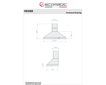 شفاط هرمي إيكوماتيك – 90 سم ستانلس ستيل، قوة شفط 850 م³/ساعة - موديل - H9308B