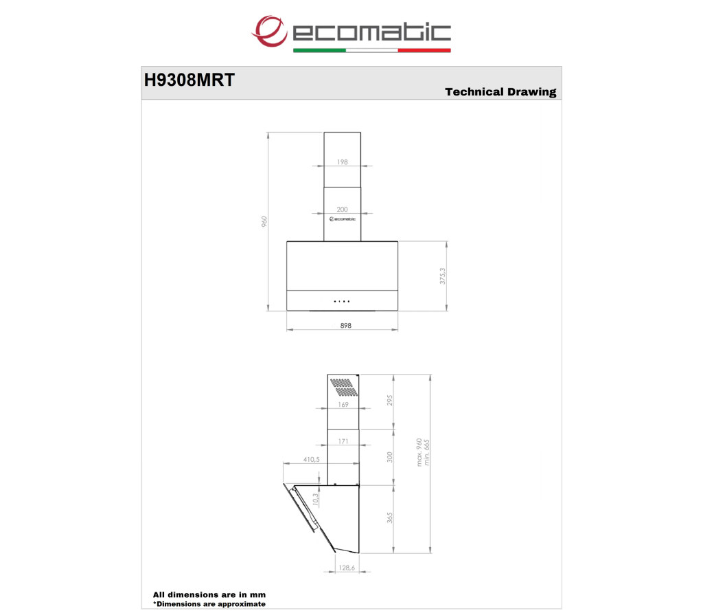 شفاط مطبخ ديكوري إيكوماتيك 90 سم كريستال أسود – قوة شفط 850 م³/ساعة – ريموت كنترول – H9308MRT