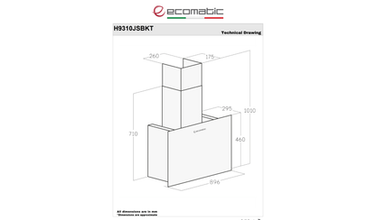 شفاط إيكوماتيك (Ecomatic) 90 سم ديكوري كريستال أسود – H9310JSBKT – قوة شفط 1000 م³/ساعة تحكم باللمس والريموت