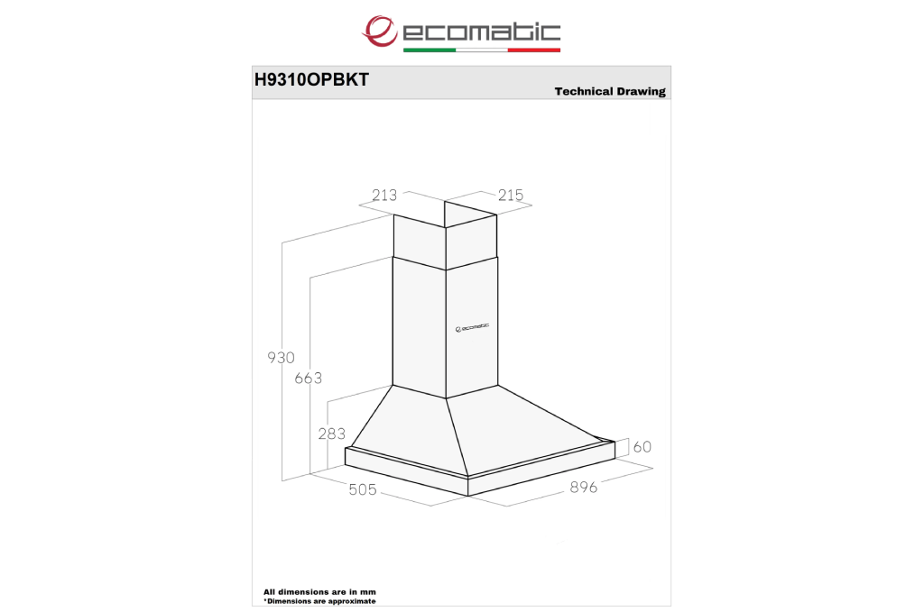 شفاط إيكوماتيك Ecomatic 90 سم هرمي أسود – H9310OPBKT – لوحة تحكم كريستال تاتش بريموت كنترول وقوة شفط 1000 م³/ساعة