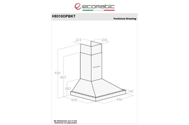 شفاط إيكوماتيك Ecomatic 90 سم هرمي أسود – H9310OPBKT – لوحة تحكم كريستال تاتش بريموت كنترول وقوة شفط 1000 م³/ساعة