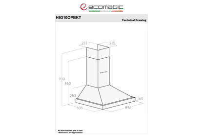 شفاط إيكوماتيك Ecomatic 90 سم هرمي أسود – H9310OPBKT – لوحة تحكم كريستال تاتش بريموت كنترول وقوة شفط 1000 م³/ساعة