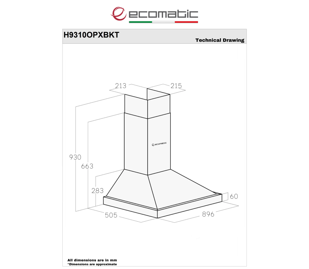 شفاط إيكوماتيك (Ecomatic) 90 سم هرمي إستانلس – H9310OPXBKT – لوحة كريستال تاتش بريموت كنترول وقوة سحب 1000 م³/ساعة