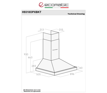 شفاط إيكوماتيك (Ecomatic) 90 سم هرمي إستانلس – H9310OPXBKT – لوحة كريستال تاتش بريموت كنترول وقوة سحب 1000 م³/ساعة