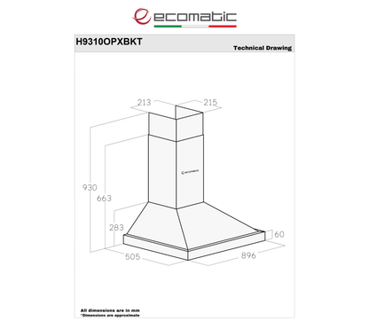 شفاط إيكوماتيك (Ecomatic) 90 سم هرمي إستانلس – H9310OPXBKT – لوحة كريستال تاتش بريموت كنترول وقوة سحب 1000 م³/ساعة