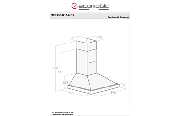 شفاط إيكوماتيك (Ecomatic) 90 سم هرمي إستانلس – H9310OPXGRT – لوحة كريستال رمادي تاتش بريموت كنترول وقوة شفط 1000 م³/ساعة