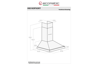 شفاط إيكوماتيك (Ecomatic) 90 سم هرمي إستانلس – H9310OPXGRT – لوحة كريستال رمادي تاتش بريموت كنترول وقوة شفط 1000 م³/ساعة