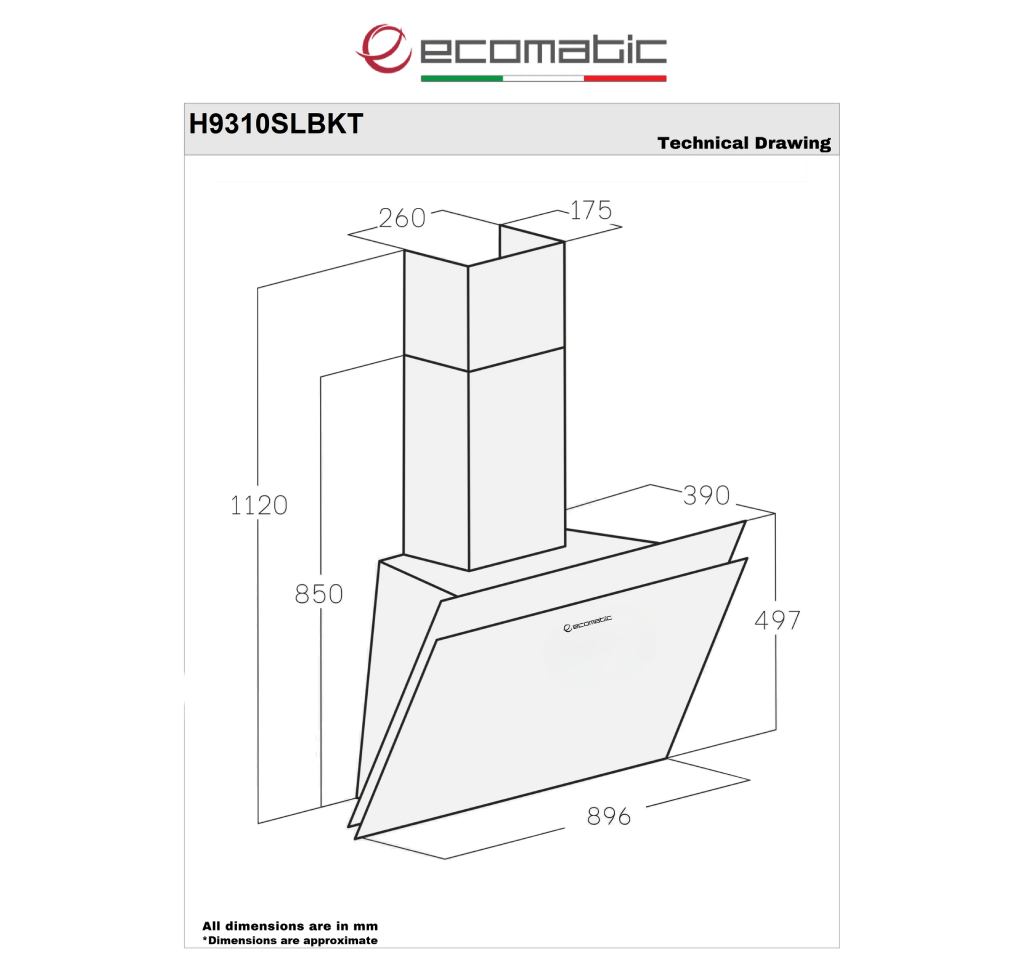 شفاط إيكوماتيك (Ecomatic) 90 سم ديكوري كريستال أسود – H9310SLBKT – قوة شفط 1000 م³/ساعة تحكم باللمس والريموت