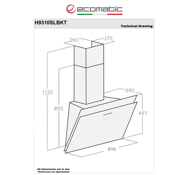 شفاط إيكوماتيك (Ecomatic) 90 سم ديكوري كريستال أسود – H9310SLBKT – قوة شفط 1000 م³/ساعة تحكم باللمس والريموت