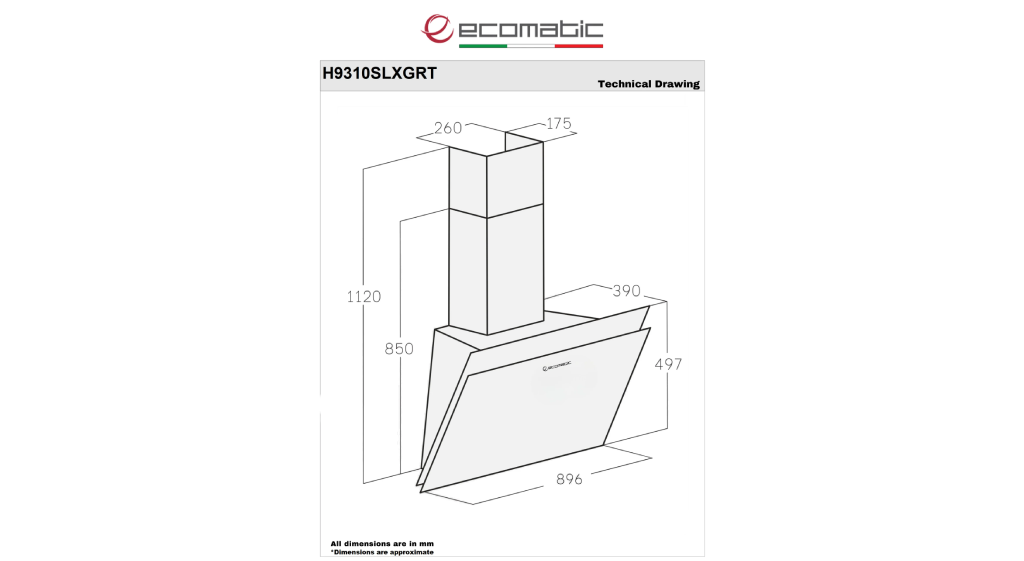 شفاط إيكوماتيك (Ecomatic) 90 سم ديكوري كريستال رمادي – H9310SLXGRT – قوة شفط 1000 م³/ساعة تحكم باللمس والريموت