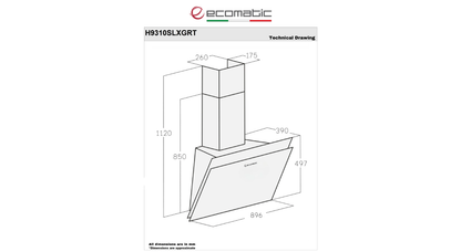شفاط إيكوماتيك (Ecomatic) 90 سم ديكوري كريستال رمادي – H9310SLXGRT – قوة شفط 1000 م³/ساعة تحكم باللمس والريموت