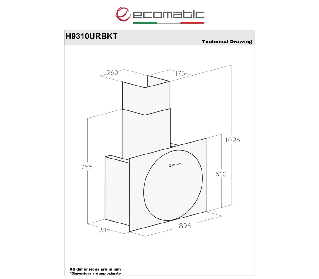 شفاط إيكوماتيك (Ecomatic) 90 سم ديكوري كريستال أسود – H9310URBKT – قوة شفط 1000 م³/ساعة بالريموت