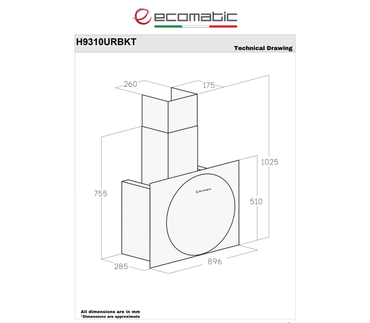 شفاط إيكوماتيك (Ecomatic) 90 سم ديكوري كريستال أسود – H9310URBKT – قوة شفط 1000 م³/ساعة بالريموت