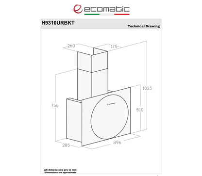 شفاط إيكوماتيك (Ecomatic) 90 سم ديكوري كريستال أسود – H9310URBKT – قوة شفط 1000 م³/ساعة بالريموت