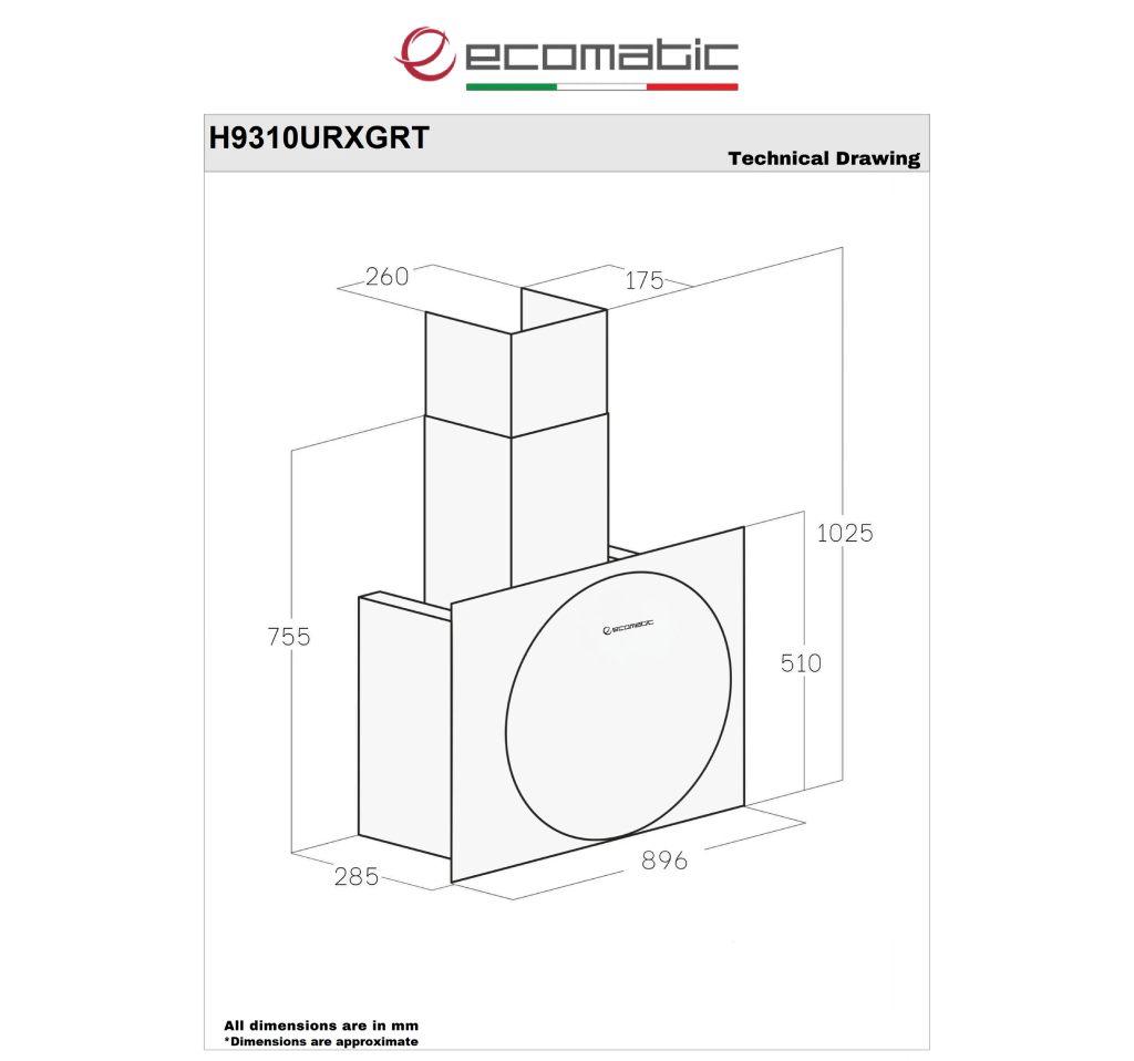 شفاط إيكوماتيك (Ecomatic) 90 سم ديكوري كريستال رمادي – H9310URXGRT – قوة شفط 1000 م³/ساعة تحكم باللمس والريموت