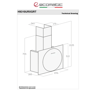 شفاط إيكوماتيك (Ecomatic) 90 سم ديكوري كريستال رمادي – H9310URXGRT – قوة شفط 1000 م³/ساعة تحكم باللمس والريموت