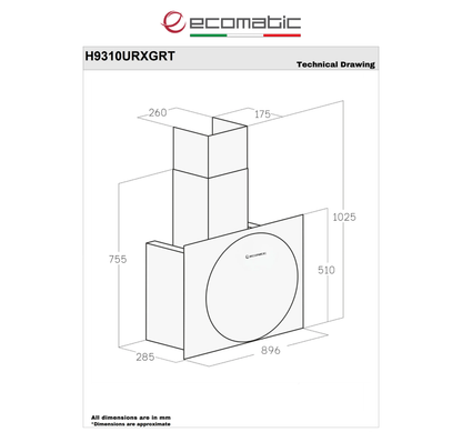 شفاط إيكوماتيك (Ecomatic) 90 سم ديكوري كريستال رمادي – H9310URXGRT – قوة شفط 1000 م³/ساعة تحكم باللمس والريموت