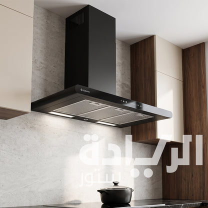 شفاط إيكوماتيك (Ecomatic) 90 سم حرف T أسود 1000م³/ساعة موتور إيطالي وحساس أبخرة SmartSENSE وريموت – موديل H9410CGTBKS